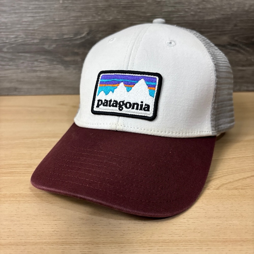 Patagonia Hat Cap Snap Back White Maroon Trucker Patch Logo Outdoors Hiking